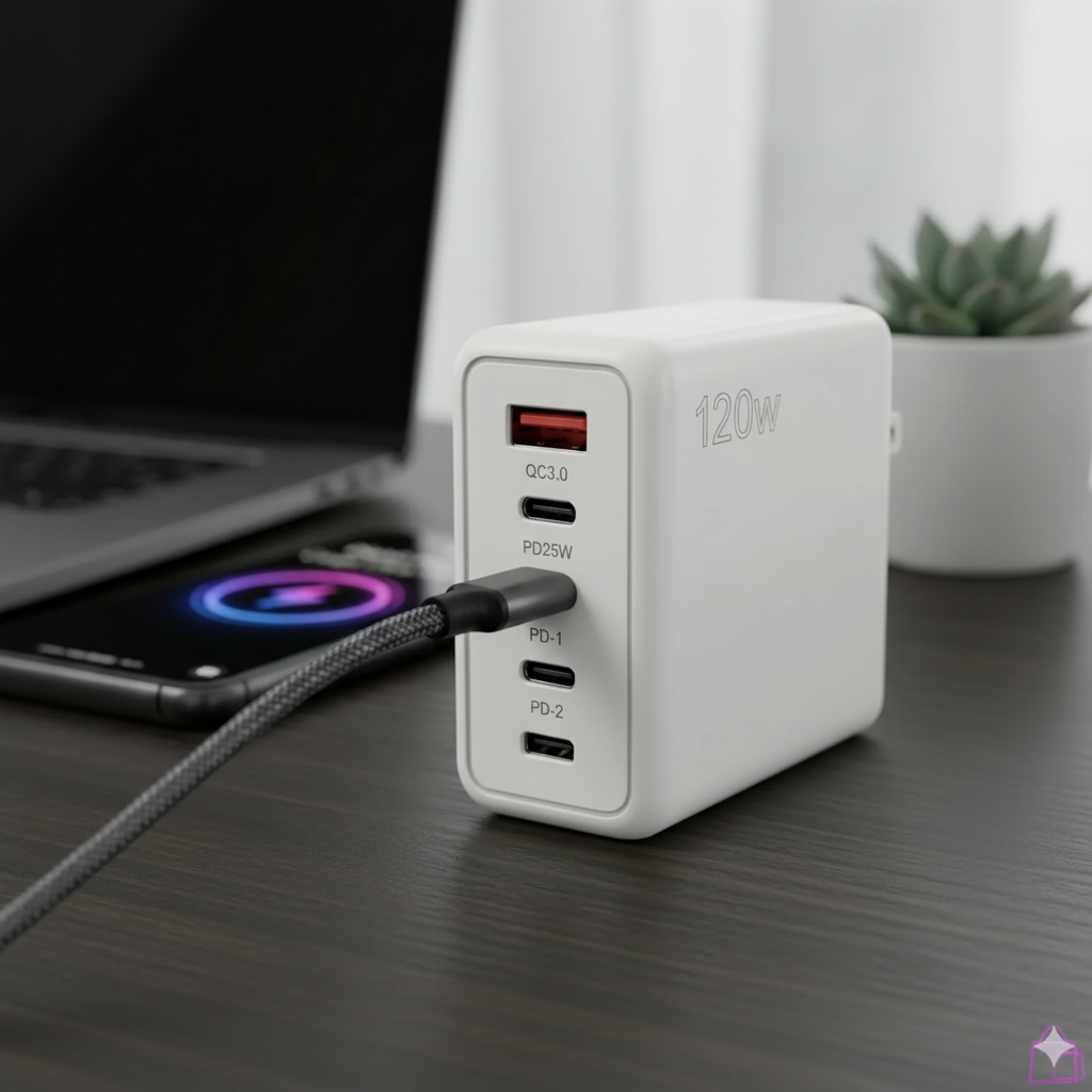 Cargador 120W Ultra Rápido - 5 Puertos para Laptop y Celular