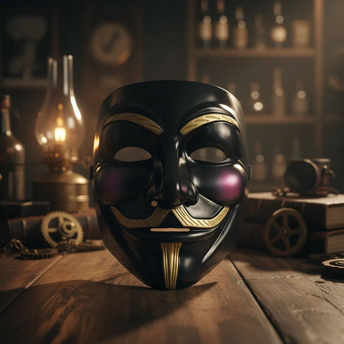Máscara V De Vendetta Anonymous Halloween Negra Dorada Disponible