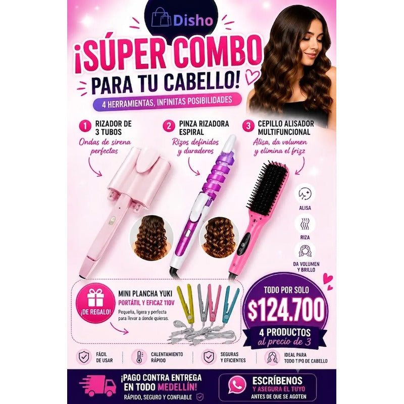 Combo Rizador de Cabello Ondas Sirena y Cepillo Alisador