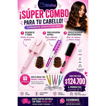 Combo Rizador de Cabello Ondas Sirena y Cepillo Alisador