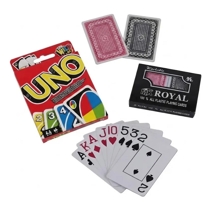 Combo Juegos de Mesa UNO y Cartas Poker Royal