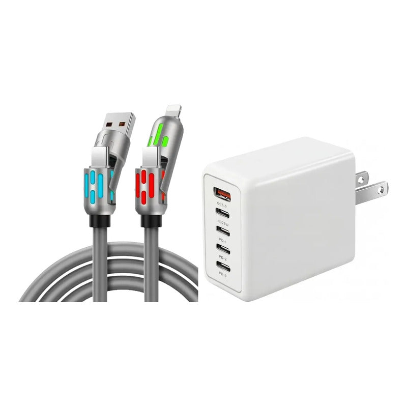 Cargador Multipuerto 5 en 1 + Cable de Carga 4 en 1 de 1 M