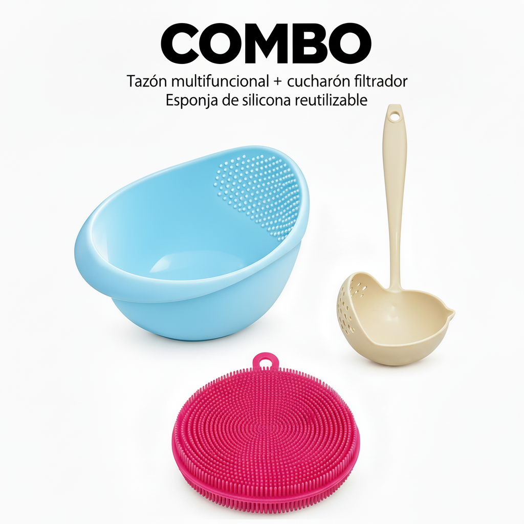 Combo Colador Tazón y Cucharón Filtrador + Esponja obsequio