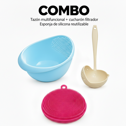 Combo Colador Tazón y Cucharón Filtrador + Esponja obsequio